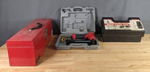 lot 463 image: Various Tools and Equipment Tire Chains, Staple Gun, Metal Tool Box, Impact Socket Adapter Set and More R