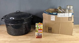 lot 464 image: Canning Pot with Jars, Lids and More Canning Accessories R