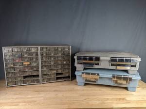 lot 480 image: Metal Box with Multiple Plastic Drawers, 2 Medical Transfer Cases  R