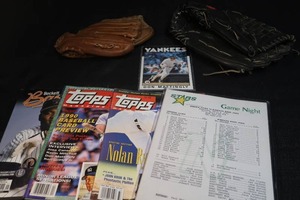 lot 37 image: BASEBALL MAGAZINES & JUMBO DON MATTINGLY YANKEES CARD, TWO MITTS