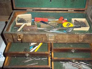 Vintage wood tool box with tools an...