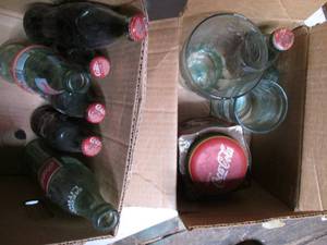 Box of coke memorabilia, glass coke...