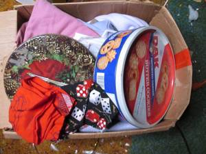 Box of Material and sewing items in...