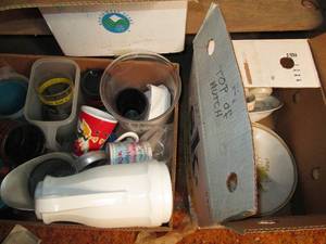 Two boxes of kitchen items dishes, ...