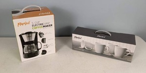 lot 45 image: NEW Parini Electric Drip Coffee Maker and 4 Piece Mug Set