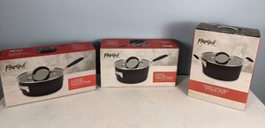 lot 57 image: New Parini 2.7 and 3 Quart Stackable Sauce Pots with Glass Lid, 5 Quart Stackable Stock Pot with Glass Lid