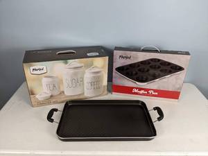lot 61 image: New Parini Muffin Pan, 3 Piece Ceramic Canister Set, 18x11 Griddle