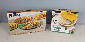 lot 62 image: New Parini 4 Piece Fiesta Plate Set, New Tortilla Warmer