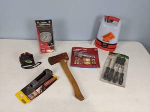 lot 109 image: 14 in. Hatchet, Pittsburgh 25 Ft. x 1 in. Measuring Tape, Grill Parts Pro Premium Temperature Gauge, Husky 14 in. Compressor Air Tool Accessory Kit, Pittsburgh Screwdriver Set and More