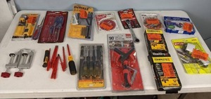 lot 17 image: Large Assortment of New Tools Dewalt, Hawkeye Infrared Thermometer, Ryobi, Milescraft Fence Clamps, Diable Framing Blade and More