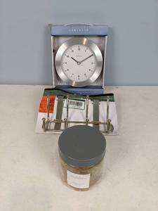 lot 116 image: NEW Meridian 7.5 Brushed Aluminum Wall Clock, Threshold Quality & Design Vase Filler Glass Gems and Liberty Over-The-Door Quad-Hook