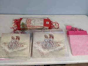 lot 143 image: Santa, Ladys Picnic and Pink & White Striped Paper Favor Gift Bags with Handles (24 Pcs)