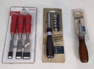 lot 153 image: New Tools Project Source Wood Chisel Set, Menards Wooden-Handled Ratcheting Drive Set, & Menards 4-in-1 Screwdriver