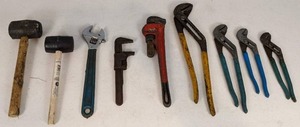 lot 130 image: Channellock Tongue and Groove Pliers, Pipe Wrenches, Adjustable Wrench and Rubber Mallets