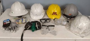 lot 132 image: Assortment of Hard Hats, Safety Glasses, Touchscreen Gloves, Earplugs and Half Facepiece Respirator