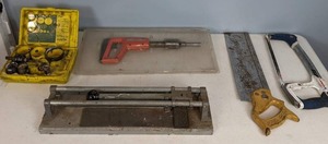 lot 148 image: Blu-Mol 9596 Hole Saw Kit, Remington 490 Power Driver Low Velocity Powder Actuated Fastening Tool, Lenox Hack Saw, Hand Saw and More