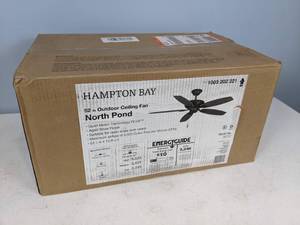 lot 177 image: Hampton Bay North Pond 52 in. IndoorOutdoor Aged Silver Ceiling Fan with Downrod and Reversible Motor Light Kit Adaptable