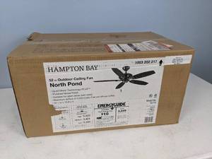 lot 180 image: Hampton Bay North Pond 52 in. IndoorOutdoor Polished Nickel Ceiling Fan with Downrod and Reversible Motor Light Kit Adaptable