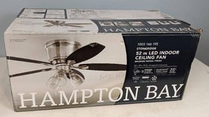 lot 189 image: Hampton Bay Stoneridge 52 in. Indoor LED Brushed Nickel Hugger Ceiling Fan with Light Kit, 5 Reversible Blades and Reversible Motor