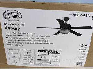 lot 183 image: Hampton Bay Asbury 60 in. LED Indoor Oil Rubbed Bronze Ceiling Fan with Light Kit and Remote Control