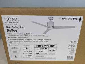 lot 199 image: Home Decorators Collection Railey 60 in. LED Indoor Brushed Nickel Ceiling Fan with Light Kit and Remote Control