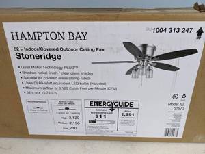 lot 182 image: Hampton Bay Stoneridge 52 in. IndoorOutdoor LED Brushed Nickel Hugger Ceiling Fan with Light Kit and 5 Reversible Blades