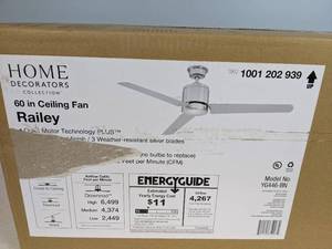 lot 186 image: Home Decorators Collection Railey 60 in. LED Indoor Brushed Nickel Ceiling Fan with Light Kit and Remote Control