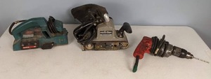 lot 233 image: Milwaukee Corded Hammer Drill, Porter Cable Corded Belt Sander, and Bosch 3258 Corded Planer