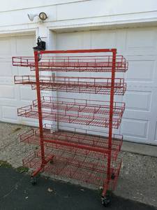 lot 234 image: Red, Double-Sided, Rolling, Metal Wire, Adjustable Shelf (10 Baskets) Unit