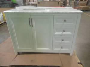 lot 500 image: Sandon 48 x 22 x34 12 Tall. Marble Top Vanity in White. Includes Backsplash - VERY NICE CONDITION