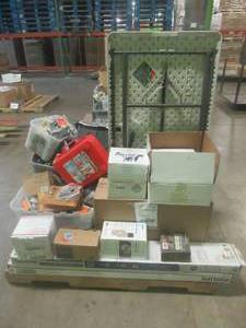 lot 504 image: Large Pallet of Miscellaneous Items Left over from the Retail Store and Warehouse. Door Hardware, FirstAid Kit. Turkey Fryer, Mighty Max Batteries and More