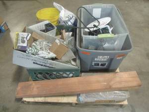 lot 505 image: Large Pallet of Miscellaneous Items Left over from the Retail Store and Warehouse. Retracting Hose Reel, Small Hand Tools and Tool Accessories, Oil-Dry and More