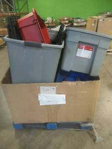 lot 506 image: Large Pallet of Miscellaneous Items Left over from the Retail Store and Warehouse. Plastic Storage Bins, Door Pulls, Megaphone (handle Broken) and More