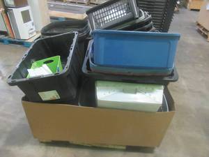 lot 513 image: Large Pallet of Miscellaneous Items Left over from the Retail Store and Warehouse. Plastic Storage Bins, Trash Cans and More