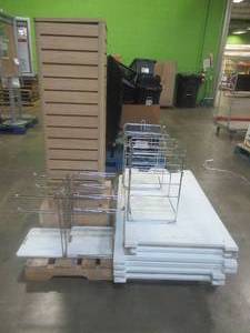 lot 515 image: Large Pallet of Miscellaneous Items Left over from the Retail Store and Warehouse. Retail Display, Plastic Shopping Bag HoldersStands and Sandwich Boards