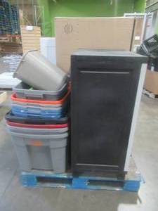 lot 516 image: Large Pallet of Miscellaneous Items Left over from the Retail Store and Warehouse. Plastic Storage Bins, Cabinets, Small Heater, Dehumidifier and More