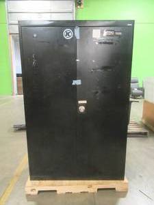 lot 535 image: SANDUSKY Cabinet, Approximate Dimensions 47 x 24 x 72 Tall. - Scratch and Dent, USED IN WAREHOUSE - Doors are locked, but open - Missing Key.   SOLD AS PICTURED.