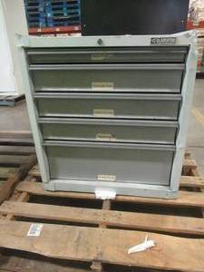 lot 537 image: Gladiator 5-Drawer Tool Cabinet - Used in Warehouse. Approximate Dimensions 26 12 x 24 x 29 Tall.   SOLD AS PICTURED
