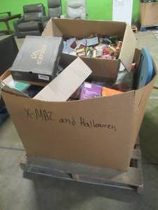 lot 542 image: Large Pallet of Miscellaneous Items Left over from the Retail Store and Warehouse. Christmas and Halloween Decor and More