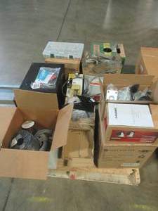 lot 565 image: Large Pallet of Miscellaneous Items Left over from the Retail Store and Warehouse. Casters, Electrical Wiring, Control Boxes, Key Tumblers And More