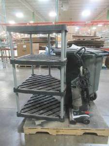 lot 572 image: Large Pallet of Miscellaneous Items Left over from the Retail Store and Warehouse. Trash Can, Corner Shelving, Vacuume (may be missing attachments) And More