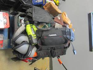 lot 5 image: WHOLESALE BIN OF TOOL BELTS, PAINT SUPPLIES, TOOLS & MORE  (SEE PHOTOS)