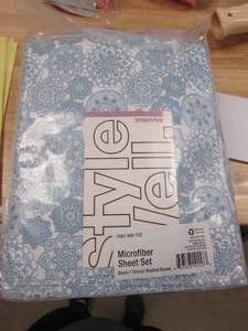 lot 51 image: STYLEWELL Brushed Soft Microfiber 4-Piece Queen Sheet Set in Stencil Washed Denim (OPEN PACKAGING)