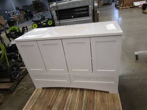 lot 196 image: GLACIER BAY Lancaster 48 in. W x 19 in. D Bathroom Vanity in White with Cultured Marble Vanity Top in White with White Sink (NICE CONDITION)