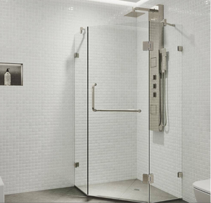 lot 84 image: VIGO Piedmont 38 in. W x 73 in. H Neo Angle Pivot Frameless Corner Shower Enclosure in Brushed Nickel with Clear Glass