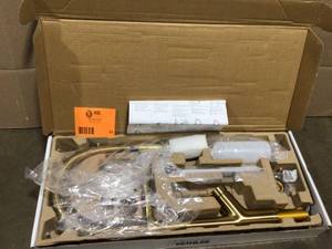 lot 51 image: KOHLER Setra Single-Handle Semi-Professional Kitchen Sink Faucet with Soap Dispenser in Vibrant Brushed Moderne Brass Customer Returns See Terms on Auction
