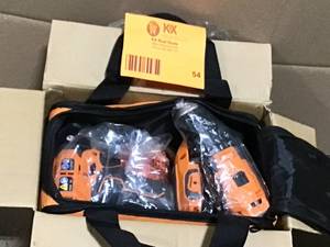 lot 54 image: RIDGID 18V Cordless 2-Tool Combo Kit with 12 in. DrillDriver, 14 in. Impact Driver, (2) 2.0 Ah Batteries, Charger, and Bag  Customer Returns See Terms on Auction