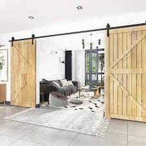 lot 84 image: Boyel Living 10 ft.120 in. Black for Double Doors Steel Sliding Barn Door Track and Hardware Kit with 12 in. Round Handle Set