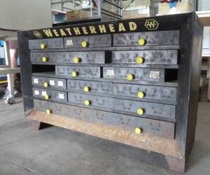 lot 50 image: Vintage WEATHERHEAD Fuel and Oil Lines parts cabinet 27 tall 17 deep 41 wide