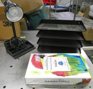lot 135 image: Office supplies - desk lamp, paper organizer and ream of Bright white 8x14 paper